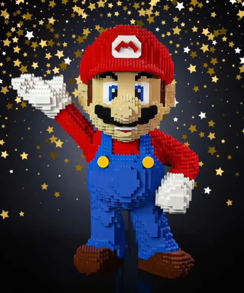 Life-size LEGO Italian Plumber (Mario) model with stars